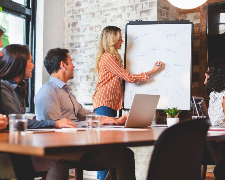 Frau moderiert Gespräch am Whiteboard in einem Meetingraum