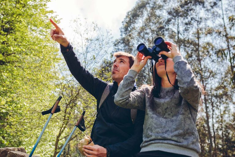 Zwei Männer schauen mit Fernglas und Kamera in die Ferne